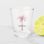 Tropical Navy Blue Rose Gold Palm Tree Monogram Shot Glass<br><div class="desc">Customise this monogrammed shot glass featuring an artistic rose gold palm tree and navy blue text with your own special touch. You can change the monogram and palm tree to your favourite colours. Makes a great gift for any occasion.</div>