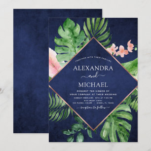 Tropical Navy Blue Watercolor Geometric Wedding Invitation