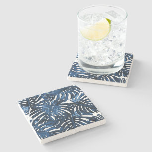 Tropical Navy Blue White Monstera Jungle Leaves Stone Coaster