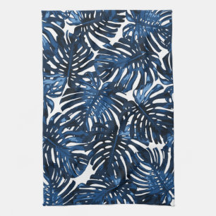 Tropical Navy Blue White Monstera Jungle Leaves Tea Towel