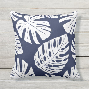 Tropical Navy Blue White Palm Monstera Leaves Outd Cushion