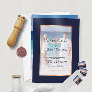Tropical Navy Rose Gold Palm Tree Beach Wedding Vellum Invitations