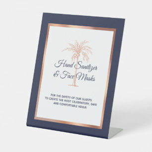 Tropical Navy Rose Gold Palm Wedding Sanitation Pedestal Sign