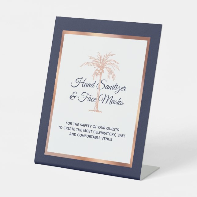 Tropical Navy Rose Gold Palm Wedding Sanitation Pedestal Sign (Front)