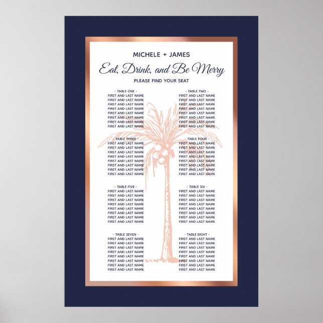 Tropical Navy Rose Gold Palm Wedding Seating Chart (Front)