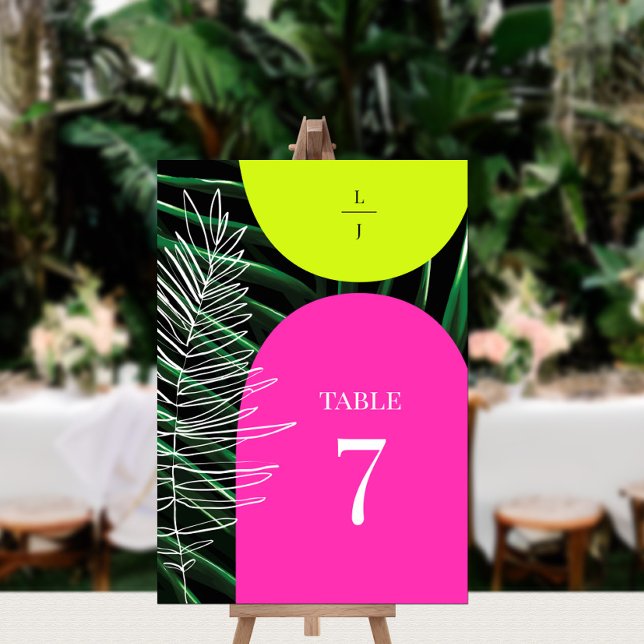 Tropical Neon Arches Palm Tree Monogram Wedding Table Number (Creator Uploaded)