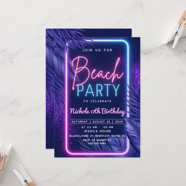 Tropical Neon Beach Invitation Party (Front/Back In Situ)