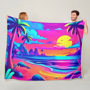 Tropical Neon Beach Sunset Art Fleece Blanket