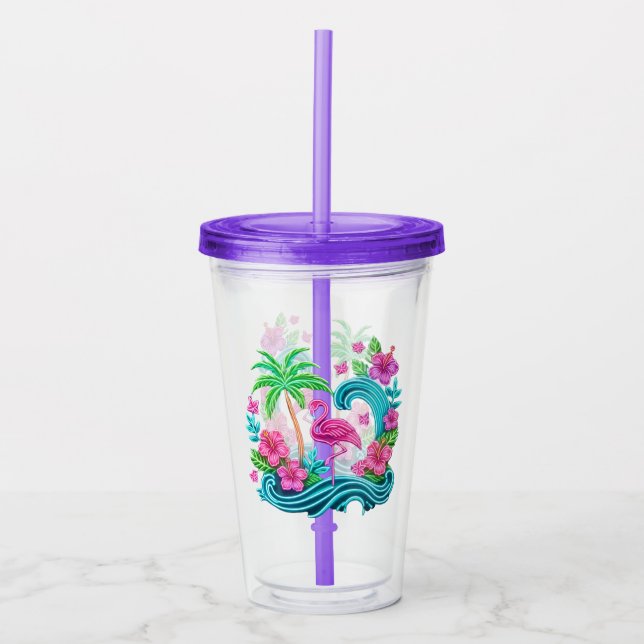 Tropical Neon Flamingo Acrylic Tumbler (Front)