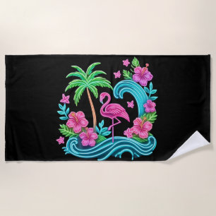 Tropical Neon Flamingo Beach Towel