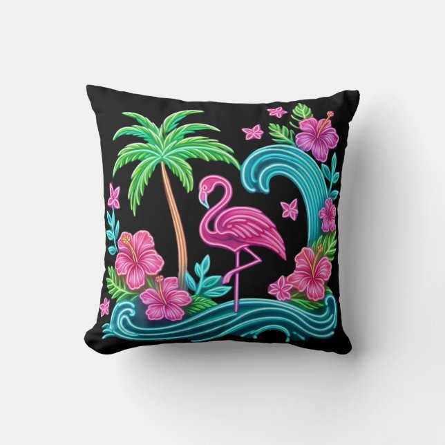 Tropical Neon Flamingo Cushion (Front)