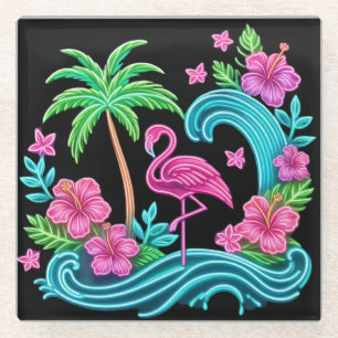 Tropical Neon Flamingo Glass Coaster