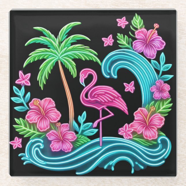 Tropical Neon Flamingo Glass Coaster (Front)
