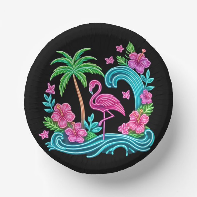 Tropical Neon Flamingo Paper Plate (Front)