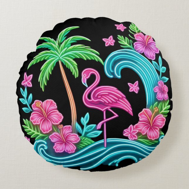 Tropical Neon Flamingo Round Cushion (Front)
