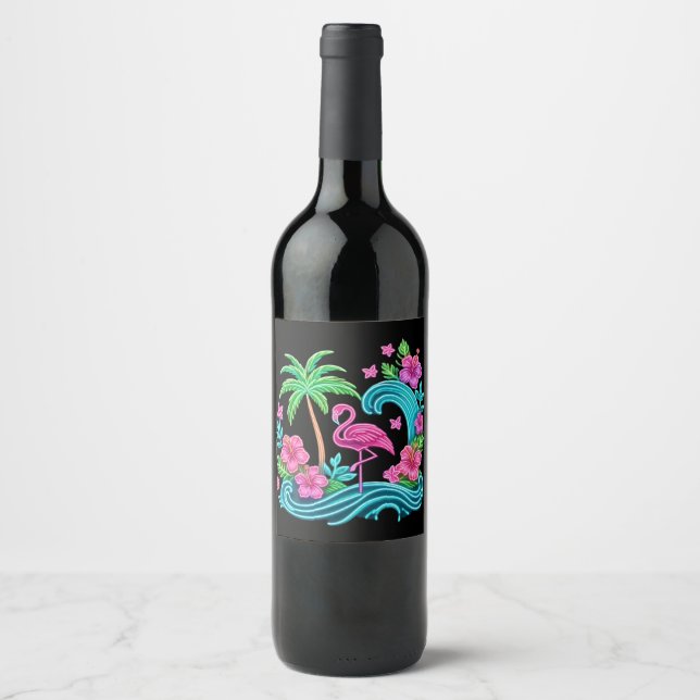 Tropical Neon Flamingo Wine Label (Front)