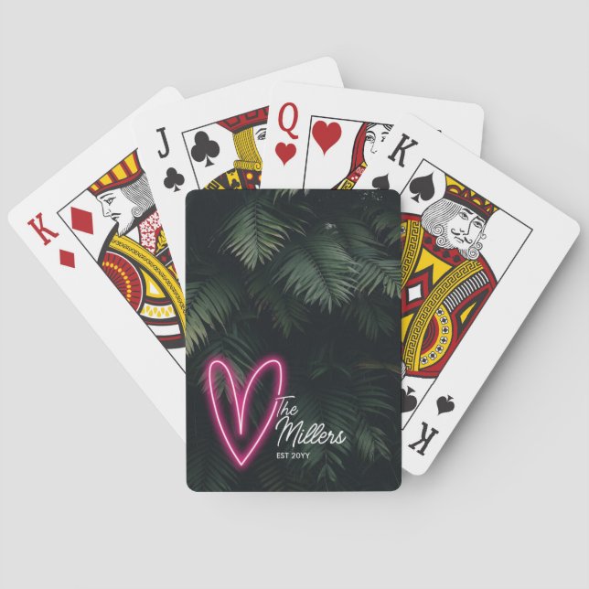 Tropical Neon Heart Last Name Wedding Favour Playing Cards (Back)