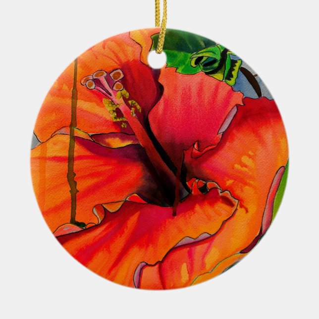 Tropical Neon Hibiscus flower Ceramic Tree Decoration (Front)