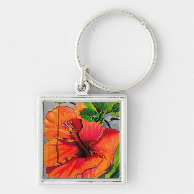 Tropical Neon Hibiscus flower Key Ring (Front)