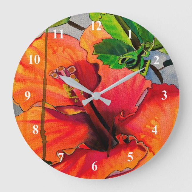 Tropical Neon Hibiscus flower Large Clock (Front)