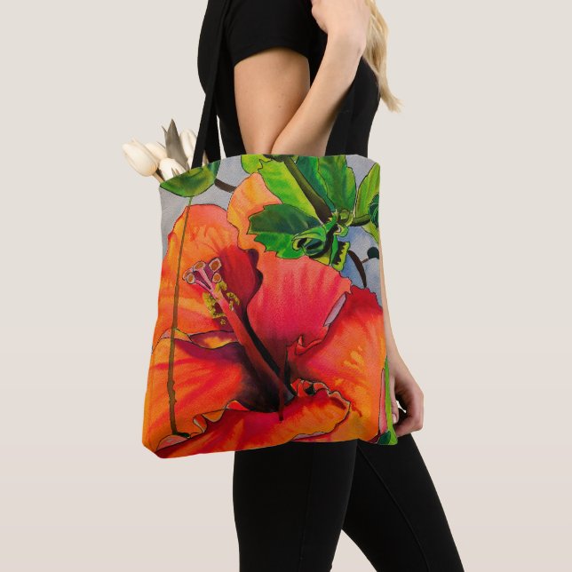 Tropical Neon Hibiscus flower Tote Bag (Close Up)