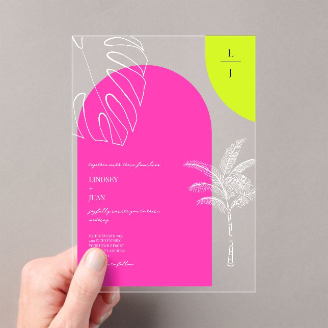 Tropical Neon Monogram Arches Wedding Acrylic Invitations (Insitu (Handheld))