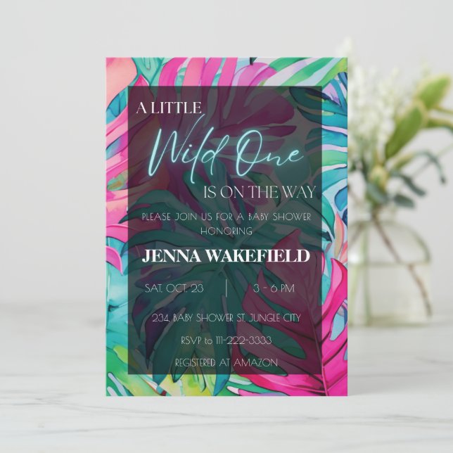 Tropical Neon Palm Leaves Monstera Baby Shower Invitation (Standing Front)