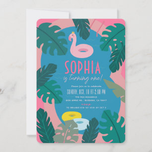 Tropical Neon Pink Pool Girl 1st Birthday Invitation