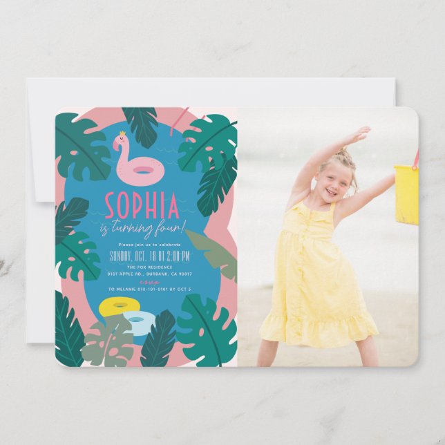 Tropical Neon Pink Pool Girl Birthday Photo Invitation (Front)