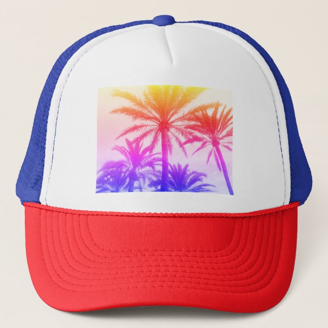 Tropical Neon Sunset Trucker Cap – Exotic Palm  (Front)