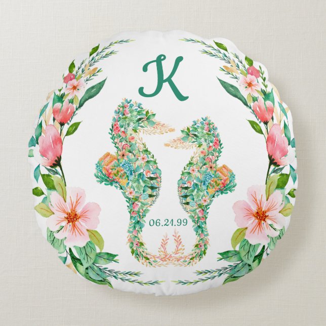 Tropical Newlyweds Monogram Floral Seahorses  Round Cushion (Front)