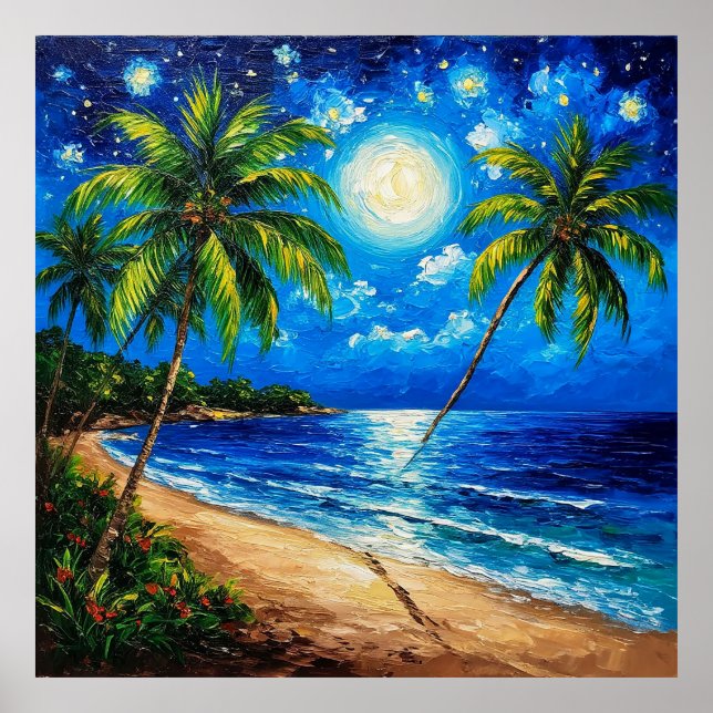 Tropical Night Beach Scene with Palm Trees Poster (Front)