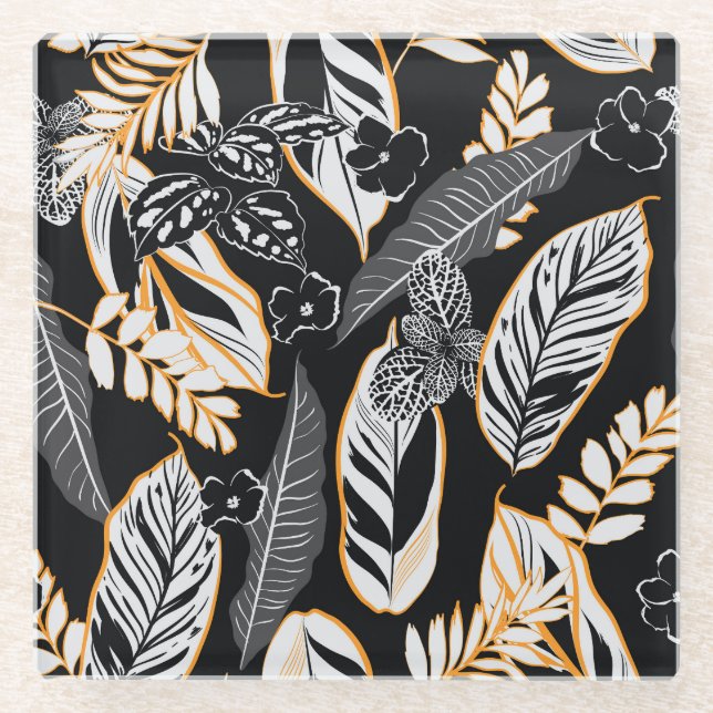 Tropical Night Foliage: Dark Vintage Pattern Glass Coaster (Front)