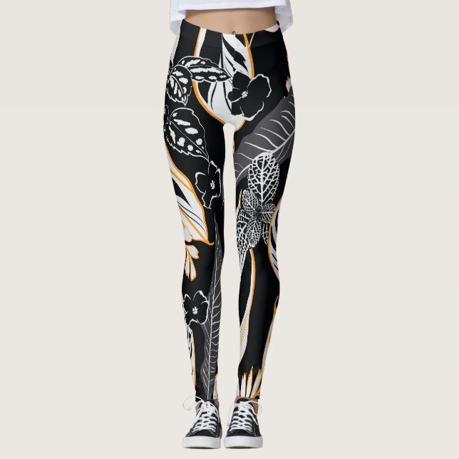 Tropical Night Foliage: Dark Vintage Pattern Leggings (Front)