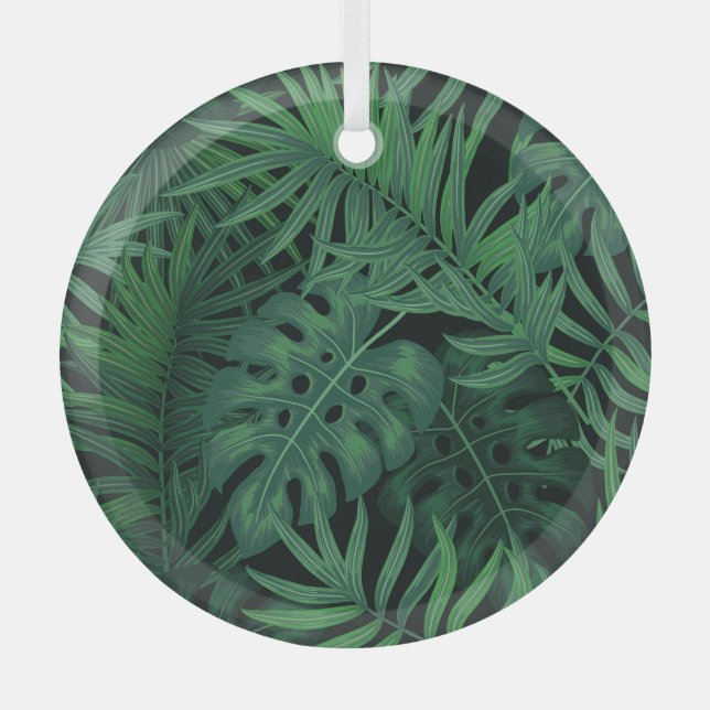 Tropical Night Green: Exotic Plant Pattern Glass Tree Decoration (Front)
