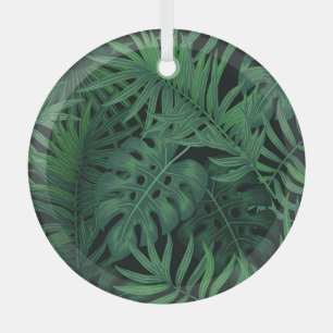 Tropical Night Green: Exotic Plant Pattern Glass Tree Decoration