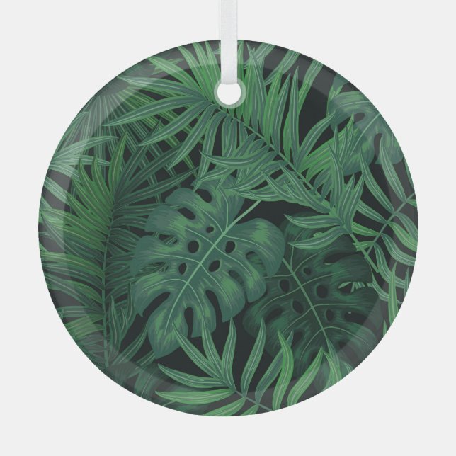 Tropical Night Green: Exotic Plant Pattern Glass Tree Decoration (Front)