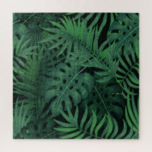 Tropical Night Green: Exotic Plant Pattern Jigsaw Puzzle