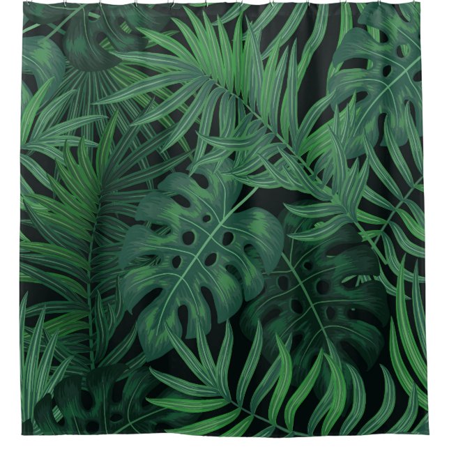 Tropical Night Green: Exotic Plant Pattern Shower Curtain (Front)