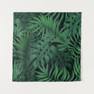 Tropical Night Green: Exotic Plant Pattern Tapestry