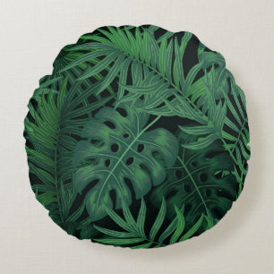 Tropical night green seamless pattern round cushion