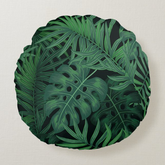 Tropical night green seamless pattern round cushion (Front)