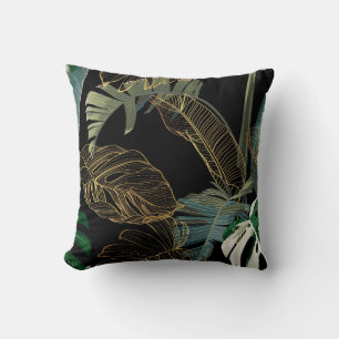 Tropical night vintage palm, banana, plant, golden cushion