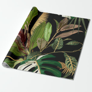 Tropical night vintage palm, banana, plant, golden wrapping paper