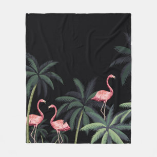 Tropical night vintage wild birds flamingo, palm t fleece blanket
