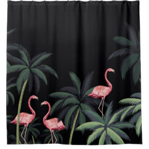 Tropical night vintage wild birds flamingo, palm t shower curtain
