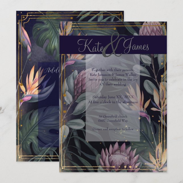 Tropical Nights Navy and Gold Wedding Invitation (Front/Back)