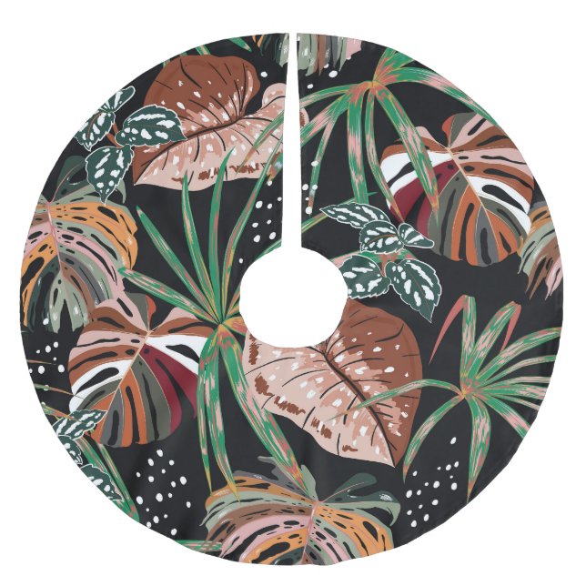 Tropical Noir: Dark Exotic Forest Pattern Brushed Polyester Tree Skirt (Front)
