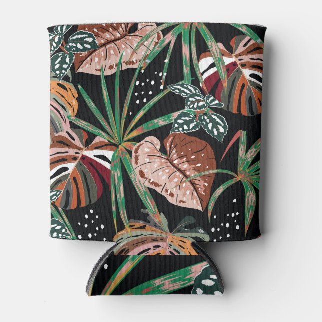 Tropical Noir: Dark Exotic Forest Pattern Can Cooler (Front)