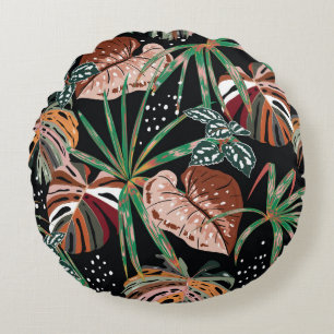 Tropical Noir: Dark Exotic Forest Pattern Round Cushion